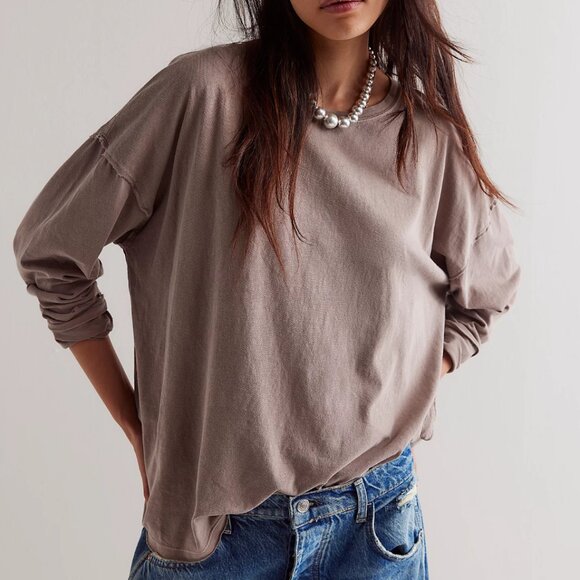 NWT Free People Nina Long-Sleeve Tee in Dusted Cocoa - Picture 1 of 6